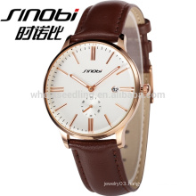 SINOBI brand simple genuine leather band calendar gold and silver face stainless steel back men women watches for couple lovers